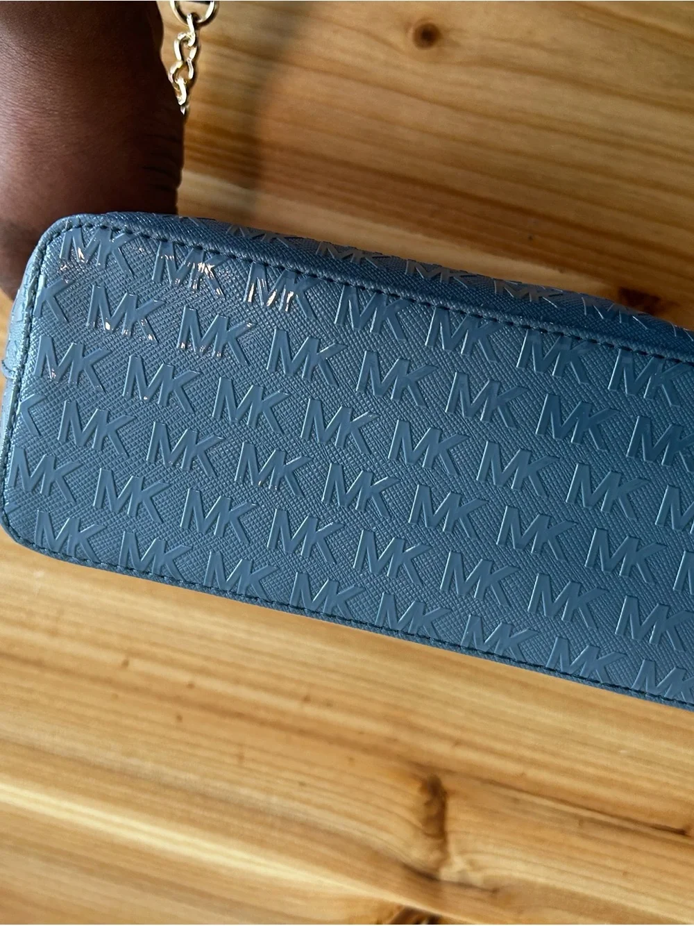 Michael Kors Jet Set Camera Crossbody Blue Signature Dome with Embossed MK Loho